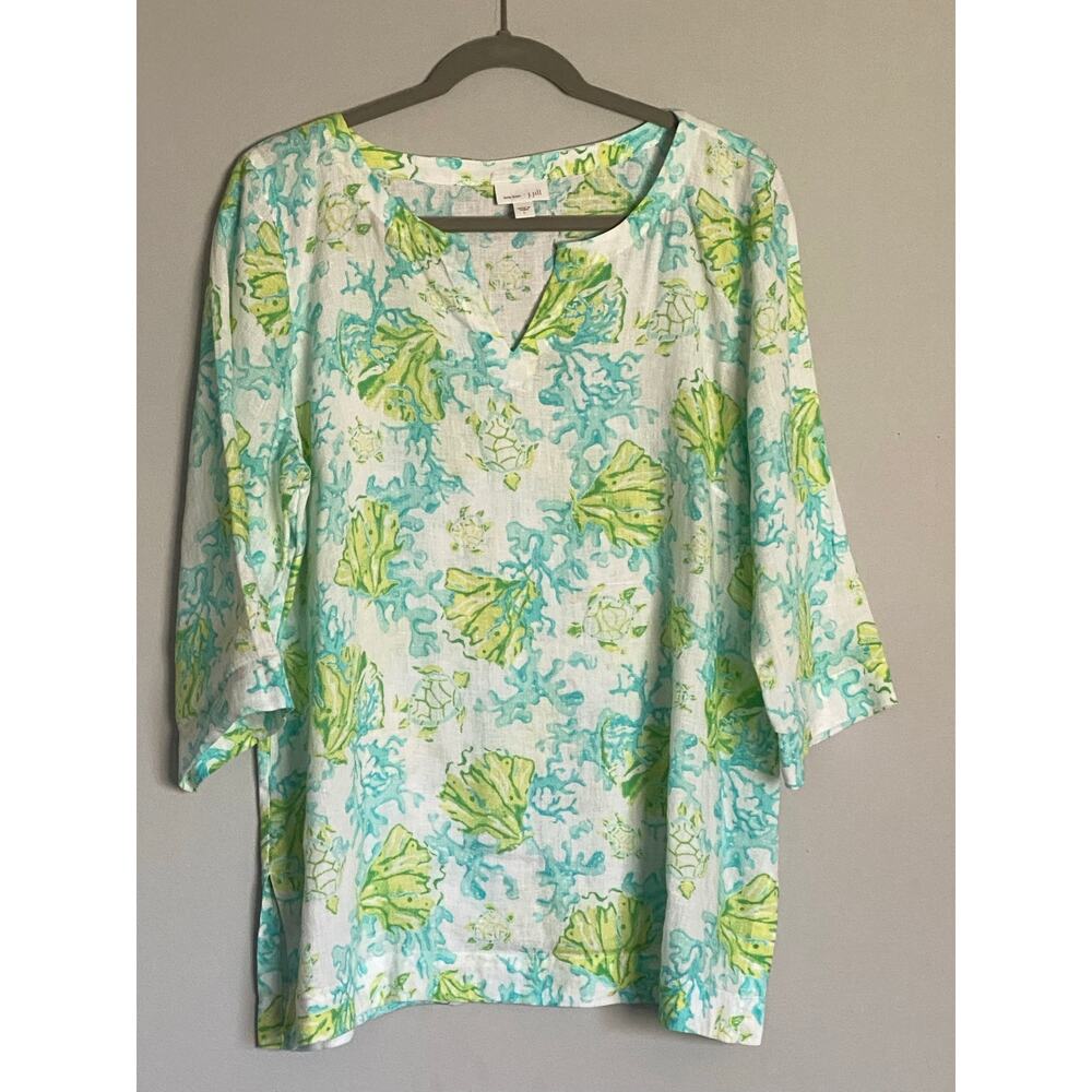 J Jill Love Linen Preppy Resort Tunic Reef Sea Turtle Size Large Coastal Popover